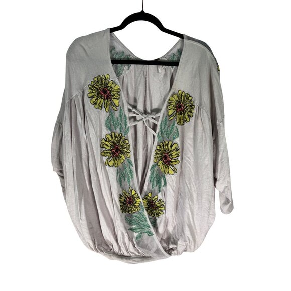 Free People Gotta Love It Embroidered Neutral Gray Yellow Floral Top - Picture 4 of 9